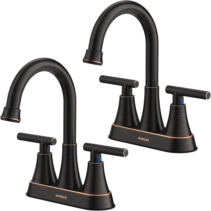 Hurran Bathroom Faucets for Sink 3 Hole, 4 inch Oil Rubbed Bronze Bathroom Sink Faucet with Pop-up Drain and Supply Hoses, Stainless Steel Lead-Free Centerset Faucets for Vanity RV, 2 Pack - Image 1